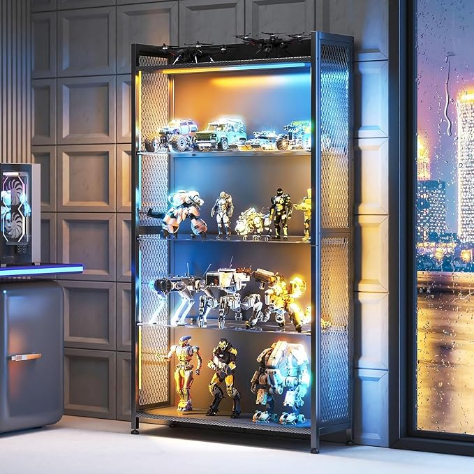 AODK Display Case with Glass Shelves & RGB Lights, 4-Tier Display Cabinet | LED Display Shelf with Industrial Metal Mesh & Open Shelf Design for Collectibles, Black Curio Cabinet, Book Case