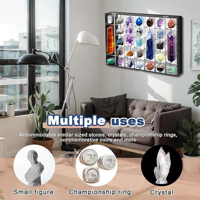 Cinnvoice Rock Display Case 35 Grids,Black Border,Square | Adjustable Acrylic Display Case, Crystal Organizer for Collectible, with Built-in Mirrored, Magnetic Door, Wall Mount