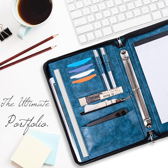 Calfinder Personalized Padfolios Portfolio Binder,3 Ring Leather Binder with Zipper,Professional Padfolios for Women&Men, Business Portfolio Organizer for Resume, Leather Folder for Ipad