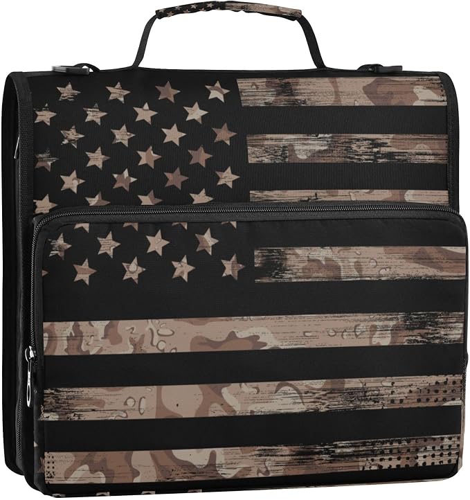 Fisyme American Flag Camouflage Zipper Binder 3 Ring with Zipper and Shoulder Strap Large Capacity Multi-Pocket Binder Organizer