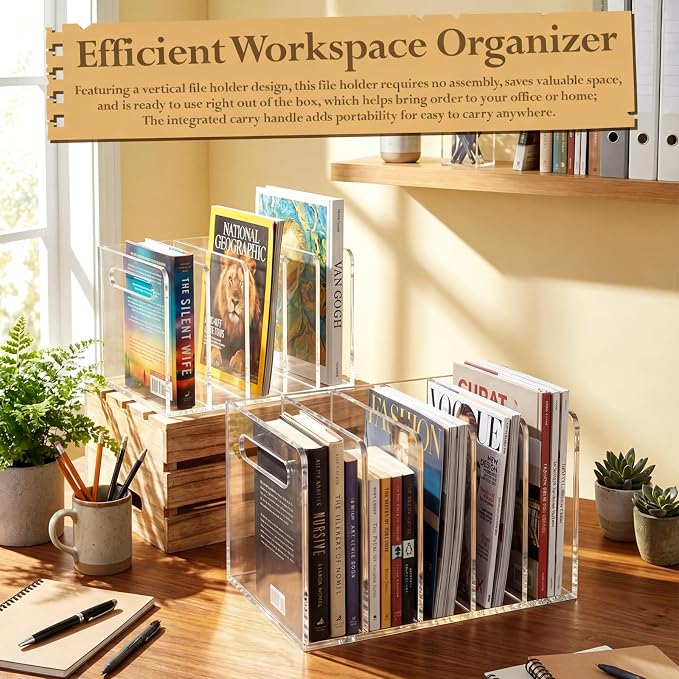 Didaey 2 Pcs Acrylic Magazine File Holder, 5 Vertical Compartments Desk Sorter Organizer Magazines Documents Books Accessories Clear Folder Rack Binder for Office Home (B5,5 Sections,Clear)