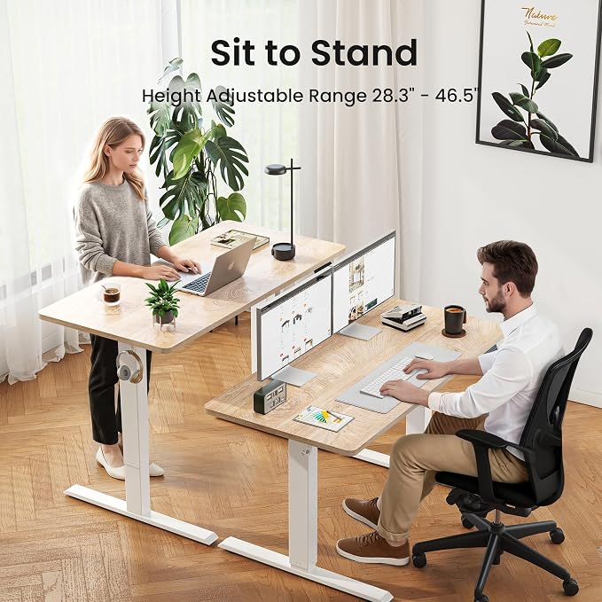 DESINO Standing Desk, 32 × 19 Inches Electric Height Adjustable, Sit and Stand Up, Computer Office Desk with Splice Board, White Frame/Oak TOP