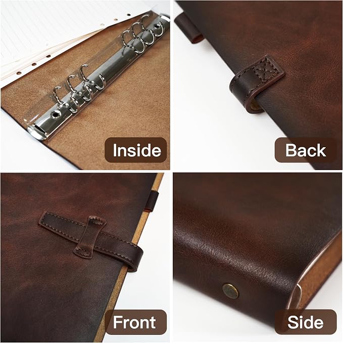 Refillable A5 Leather Binder Notebook, Reusable Leather Journal, Vintage Organizer with 6-Ring Metal Binder, Weekly & Monthly Planner Paper & Pocket, for Writers Business Work Study College and Daily