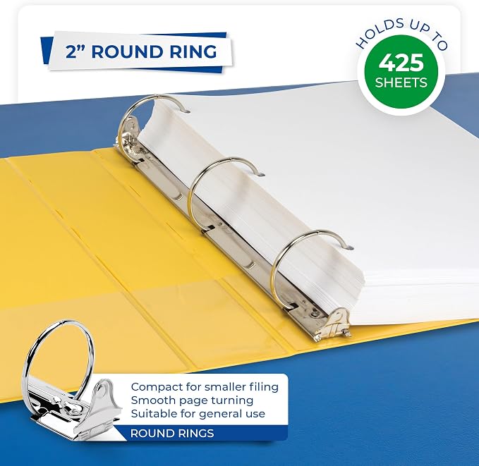 Samsill 2 Inch 3 Ring Binders, Economy Round Ring, Clear View Cover, 425 Sheet Capacity - for School, Home, Office - Yellow, 12 Pack