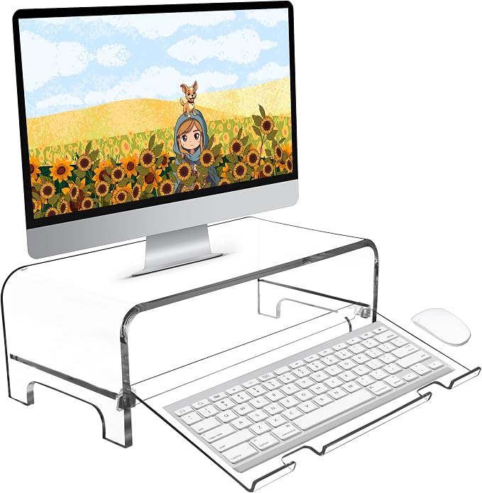 AMT 2 Tier 5.7 Inch High Acrylic Laptop Monitor Stand & Computer Riser with Cat Keyboard Protector, Space-Saving Design, Extra Storage, Clear Shelf - Ideal for Monitors, Laptops, Printers, Desktop