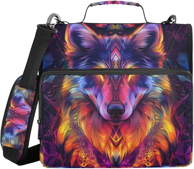 Wolf Colorful Zipper Binder Bag 3 Ring Binder with Shoulder Strap Zip Up 500 Sheets Capacity Multi Pockets for School Office Supplies