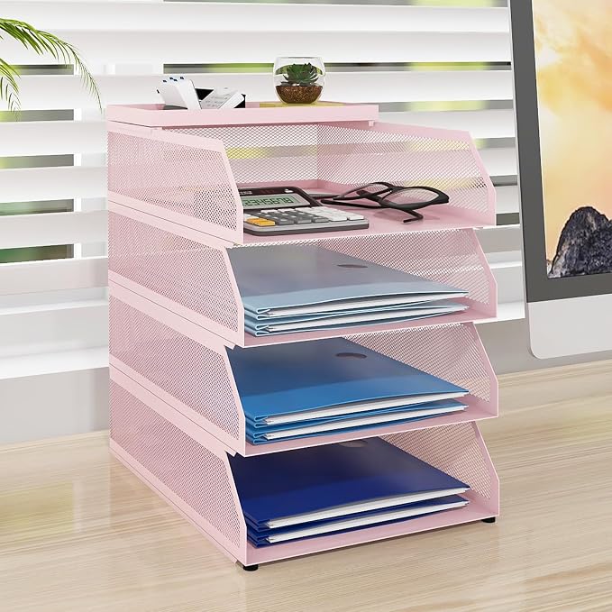 Natwind 4-Tier Stackable Metal Mesh Desk Paper Tray Organizer,Pink | Desktop Accessories for Office Supplies, Letter Tray For Paper Storage ,File Document Holder For Home School Classroom