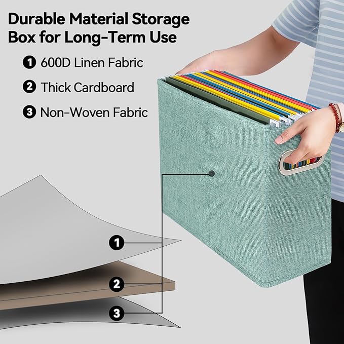 6 Pack Letter Size File Storage Box Collapsible，Fabric Hanging File Folders Organizer, Portable Office Document Holder with Metal Handle, Smooth PVC Rails, Green