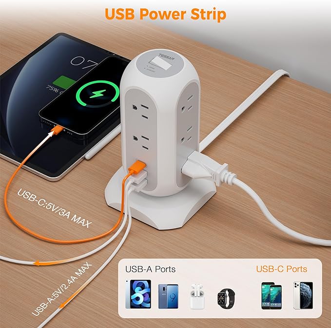 TESSAN Tower Power Strip Flat Plug with 1050J Surge Protection, 15 Ft, Grey | 11 Outlets 3 USB (1 USB C), Surge Protector Power Tower, Extension Cord with Multiple Outlets, Dorm, Office Desk Supplies