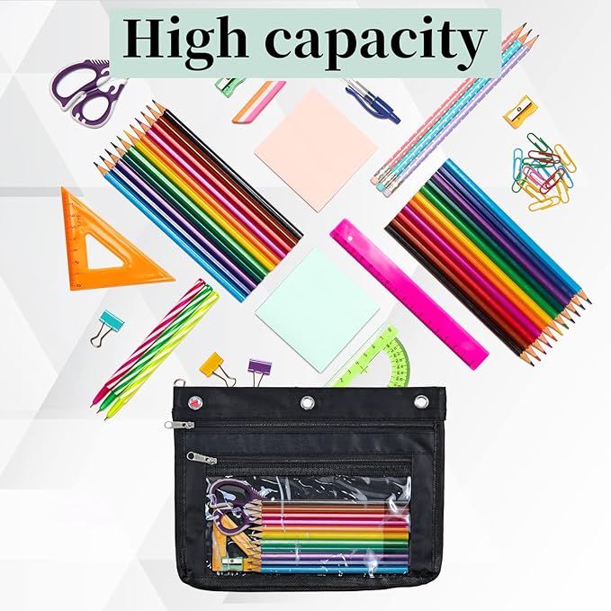 YoeeJob 18 Pack 1 Inch Expandable Zipper Pencil Pouches with Clear Window for 3 Ring Binder, Suitable for School & Office（Black）