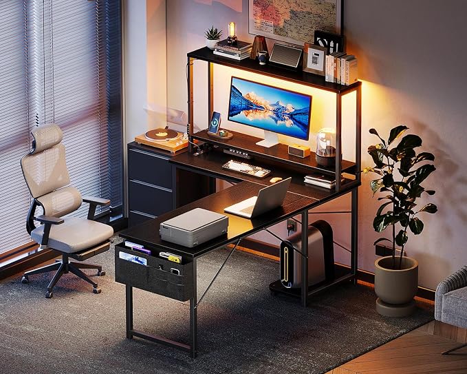AODK L Shaped Desk Gaming Desk with LED Light & Power Outlet | 53 Inch Black Reversible L Shaped Computer Table with Shelf & Storage Bag & Hook for Home Office