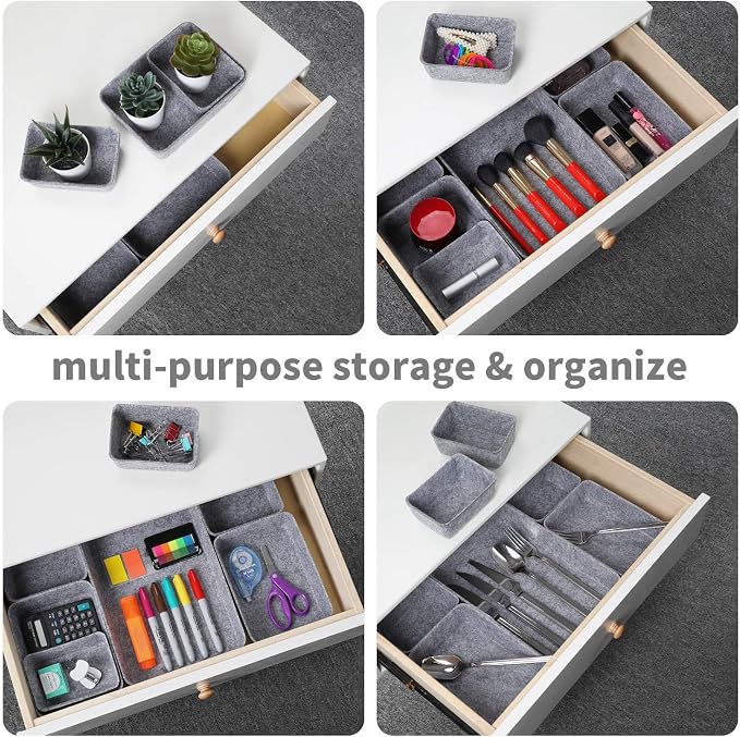 7pc Felt Desk Drawer Organizers Trays Gray Office Home Storage Bins