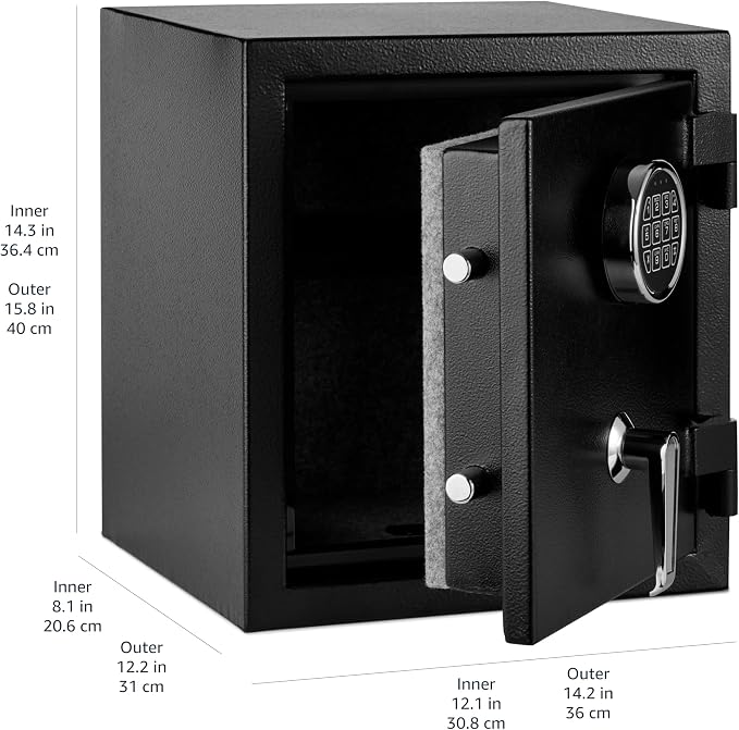 Amazon Basics Fire Resistant Security Safe with Programmable Electronic Keypad for Documents and Valuables, 0.83 Cubic Feet, 14.17"W x 12.2"D x 15.75"H, Black