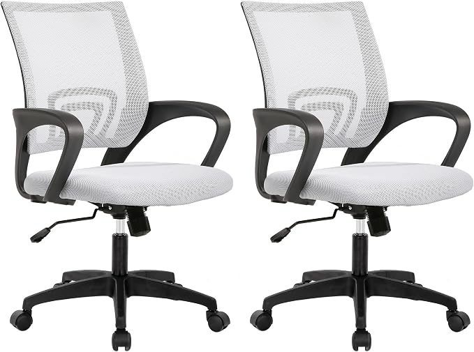BestOffice | Ergonomic Office Chair | Mid-Back Swivel Desk Chair | Breathable Backrest & Lumbar Support | Adjustable Height | Sponge Seat | Rolling Wheels | White | for Adults & Women | Pack of 2