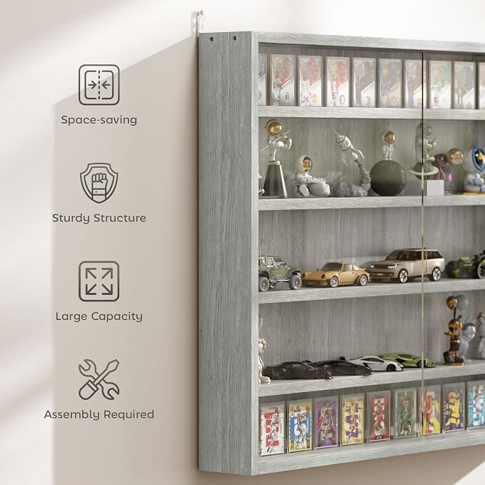 HOMCOM 5-Tier Wall Mounted Display Cabinet Glass Doors 60x80cm Gray | Display Case, 4 Adjustable Shelves, for Home Office Ornaments
