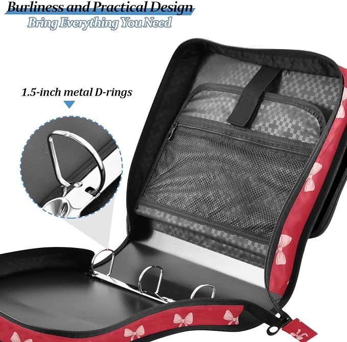 Red Bow Print Zipper Binder Bag 3 Ring with Shoulder Strap & Handle Multi Pocket Binder Organizer Bag Large Capacity for School Office Supplies
