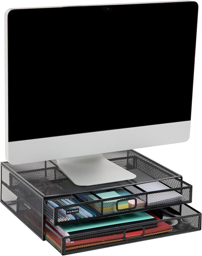 Mind Reader Monitor Stand, Ventilated Laptop Riser, Storage Drawer, Office, Metal Mesh, Black