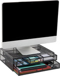Mind Reader Monitor Stand, Ventilated Laptop Riser, Storage Drawer, Office, Metal Mesh, Black