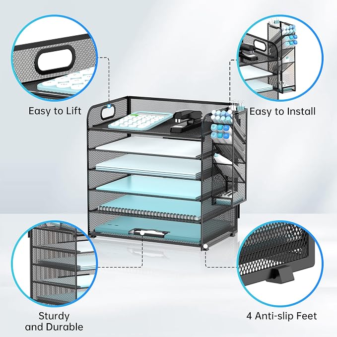 6 Tier Desk Organizer with 4 Pen Holders and Mesh Paper Trays Black | 6 Tiers Paper Organizer, File Organizer Letter Tray with Handle for A4 Files, Folders, Mail and Office Supplies