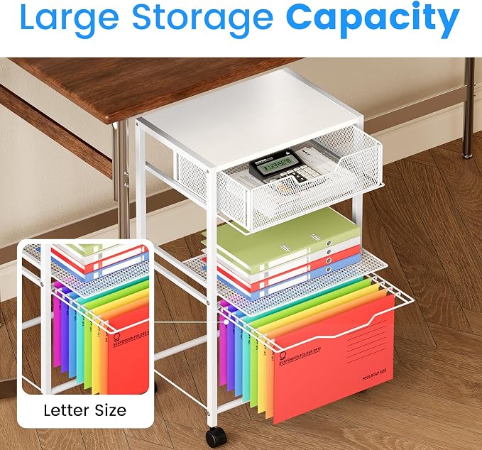 Cawukege 3 Tier Printer Stand, Small Mobile Table with Wheels, Printer Shelf Rolling Cart with Storage Desk Organizer Hanging File for Office Home, White