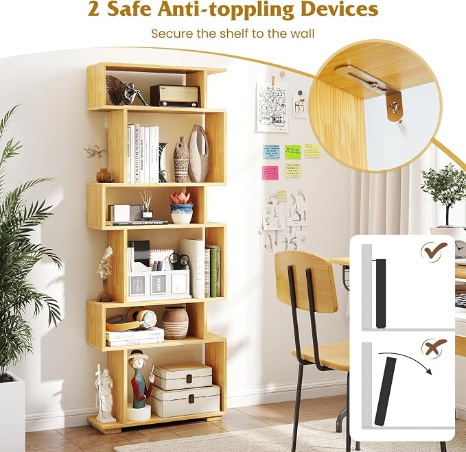 Tangkula 6-Tier S-Shaped Bookshelf, 64" Freestanding Geometric Bookcase, Home Office Wood Storage Shelf with Anti-Toppling Device, Room Divider Display Rack for Study, Living Room (2, Burlywood)