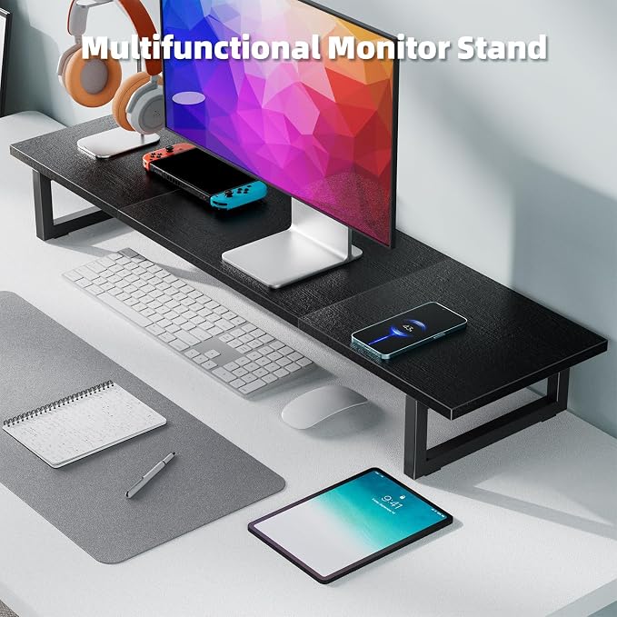 Simple Trending 38" Dual Monitor Stand Riser, Desk Organizer, Black | Laptop & Printer Stand, for 2 Monitors, Wood and Steel, Ergonomic Support, Easy Setup, Home Office Desk, 38"W x 10.25"D x 5"H