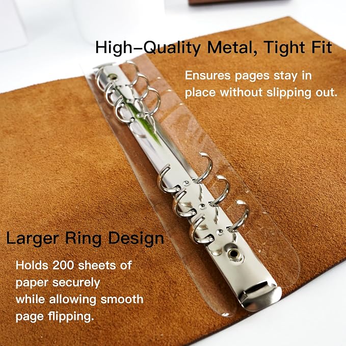 Refillable A5 Leather Binder Notebook, Reusable Leather Journal, Vintage Organizer with 6-Ring Metal Binder, for Writers Business Work Study College and Daily (No inner pages)