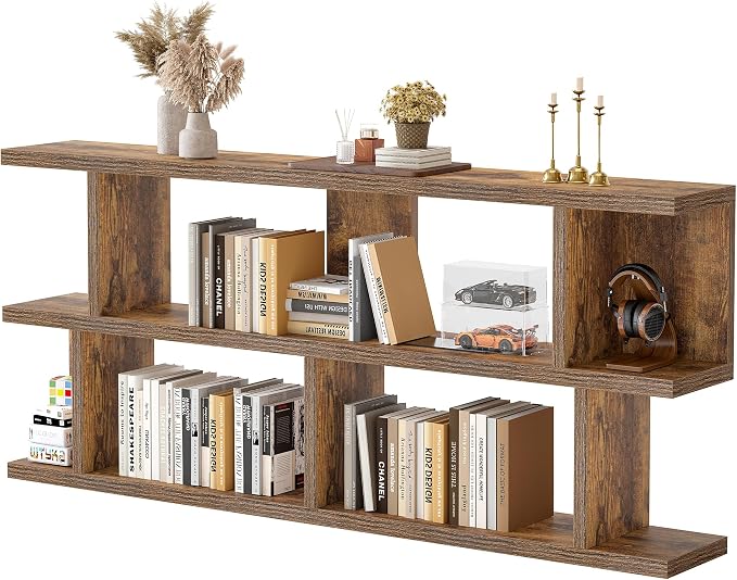 TIQLAB 63 Inch Bookshelf, Open Bookcase with Storage Shelves, Rustic Brown | horizontal book shelf low book case, for bedroom office study room, display rack shelving unit, console table behind couch