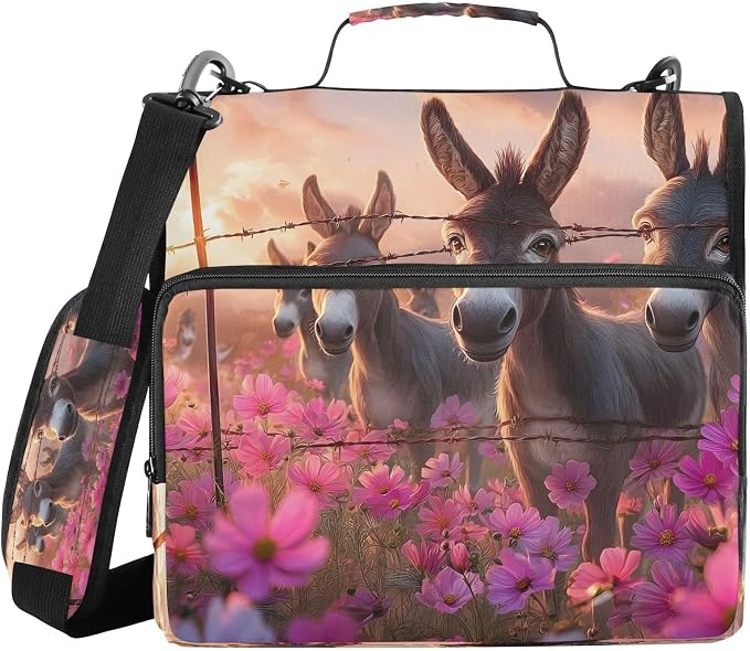 ALAZA Zipper Binder 3 Ring Donkeys Flowersea Animal Binder Organizer with Zipper and Shoulder Strap Large Capacity Multi-Pocket Trapper Keeper File Folder for Office Supplies