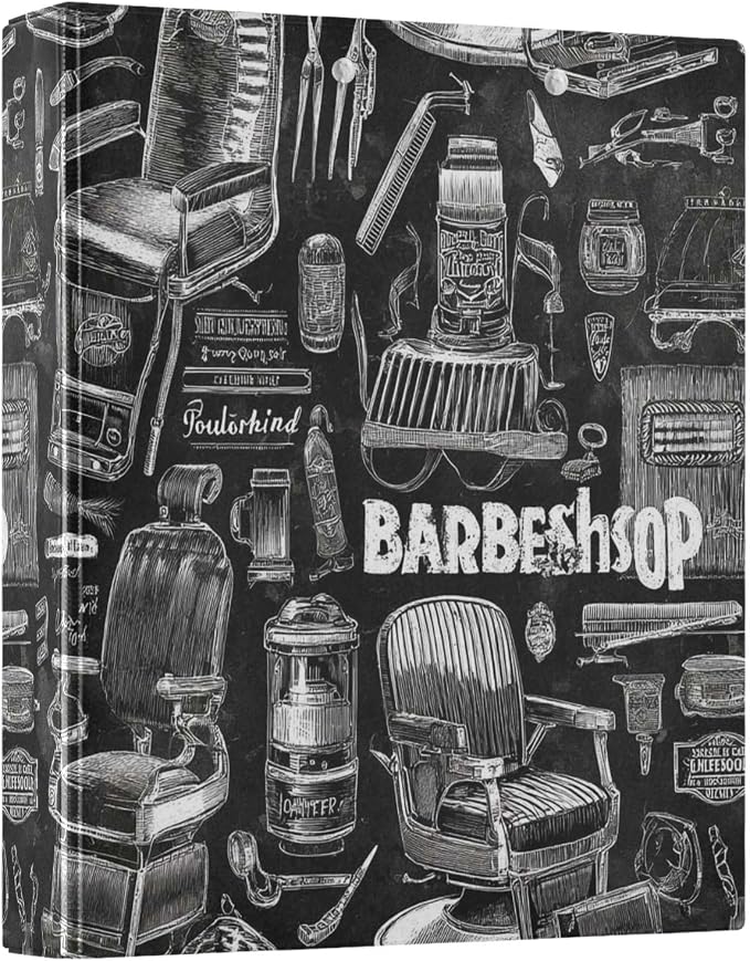 Caikeny 3 Ring Binder Vintage Barbershop Equipment 1.5 Inch Binders Round Ring Clipboard with 2 Pockets for Office Supplies
