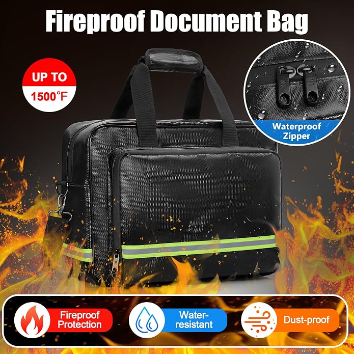 Fireproof Document Bag with Accordion File Organizer | Document Safe Storage 15.6" Laptop Sleeve, Reflective Strip, Handle & Shoulder Strap