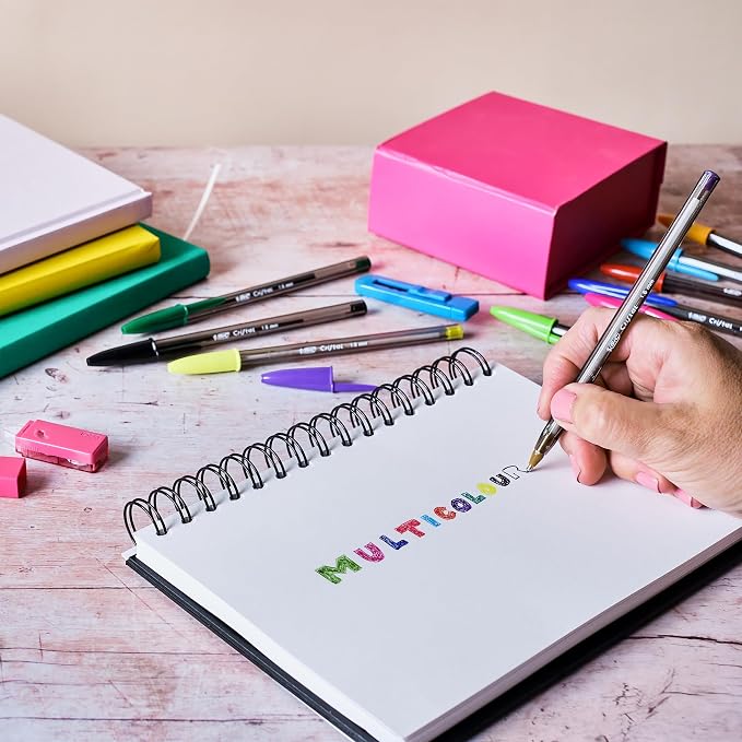 BIC Cristal Multicolour Ballpoint Pens With Wide Tip (1.6mm) Pens For Colourful Writing In Assorted Colours, Pack Of 15