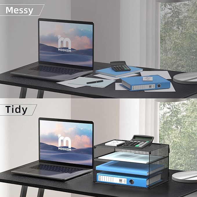 DALTACK 3 Tier Letter Tray Paper Organizer with Sliding Trays Black 2 Pack | Metal Mesh File Organizer with Sliding Trays for Letter and A4 Paper, Mail, Bills, Folders and Office Documents 2 Pack