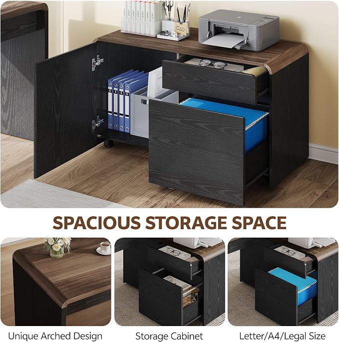 78" L-Shaped Executive Desk with Mobile File Cabinet, Black | Mid-Century L-Desk with Mobile File Cabinet, Drawers & Power Hub (4AC+2USB) Waterfall Edge. Large Workspace for Home Office