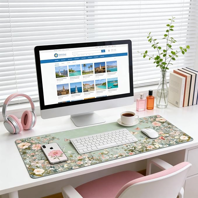 Cute Floral Aesthetic Wildflower Gaming Mouse Pad, Sage Green Macaron Desk Mat with Anti-Slip Base & Stitched Edges, Office & Home Desk Decor for Women, 35.4" x 15.7" in Computer Desktop Mat