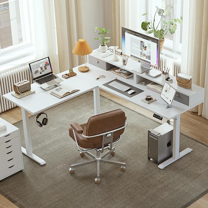 Agilestic 63 Inch L Shaped Electric Standing Desk with Drawer, White | 2 Stroage Drawers, Monitor Shelf, Corner Desk, Ample Workspace, Memory Presets, Hooks, Stable Steel Frame,176 lbs