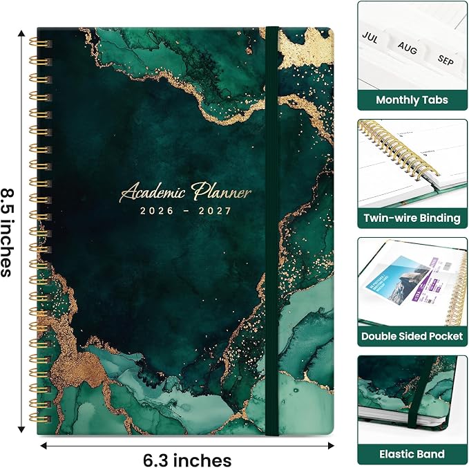 Taja Planner 2026-2027, Jul 2026-Jun 2027 Monthly & Weekly Calendar Planner | 6.3" x 8.5", Hardcover Academic Calendar, Teacher Student Agenda Book with Tabs, School Office Supplies, Emerald Drift