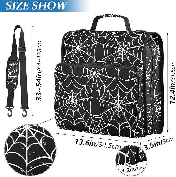 White Black Spider Web Pattern 3 Ring Binder Bag 1.5 inch Binder Organizer with Zipper Shoulder Strap 500 Sheet Documents Storage for School Office