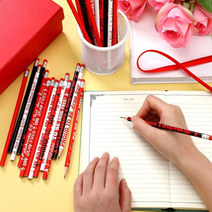 Tenceur 240 Pcs Red Ribbon Week Pencils Awareness Month Supplies 12 Designs Drug Free with Erasers for Teacher Office Volunteer Fundraising Charity Activity