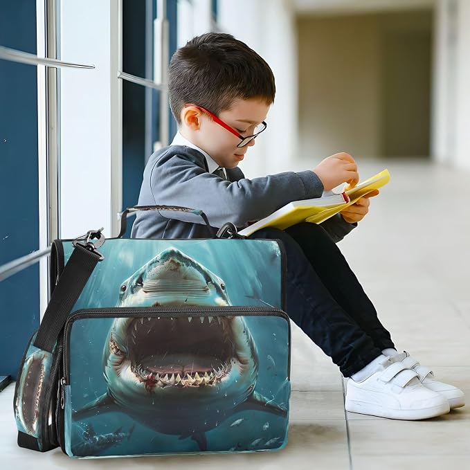 3 Ring Zipper Binder Shark Binder Organizer Portfolio with File and Shoulder Strap & Handle Large Capacity File Folder