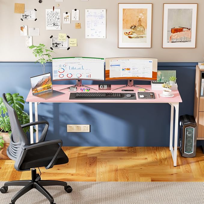 PayLessHere | 63 Inch Computer Desk | Pink | Office Desk with Metal Frame, Adjustable Feet | Water-Resistant, Scratchproof Surface | Sturdy Writing Table for Home Office or Study | Pack of 1