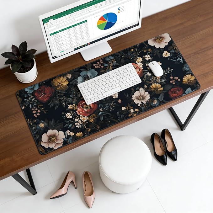Floral Aesthetic Rose Gaming Mouse Pad, Black Dark Botanical Desk Mat with Anti-Slip Base & Stitched Edges,35.4" x 15.7" in Desk Accessories for Women, Home Office Decor & Artistic Gift