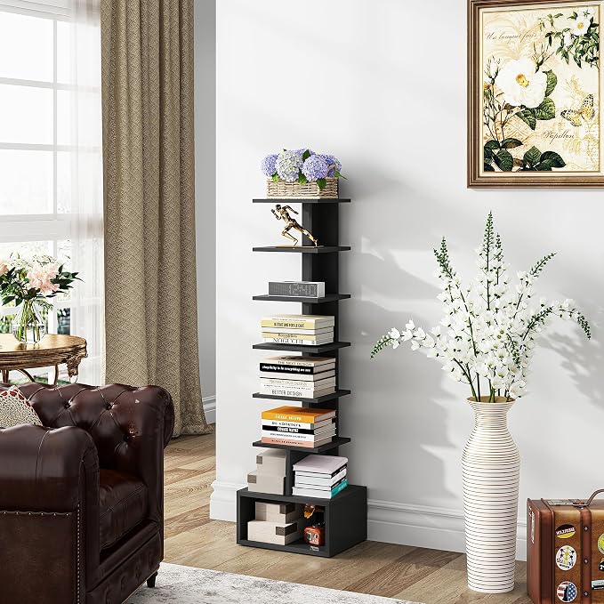 TUTOTAK Book Shelf, Narrow Spine Bookshelf, 8-Tier Bookcase for Small Space | 10.4 x 11.8 x 47.5 Inches Vertical Freestanding Corner Shelf for Living Room, Office, Study, Entryway, Black BS07BK008