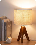EDISHINE Tripod Table Lamp, Small Cute Bedside Lamp, 14.2 Inch, E26 Base | Light Brown Wooden Base, Linen Beige Lampshade, Nightstand Lamp for Nursery, Bedroom, Kid Room, Living Room