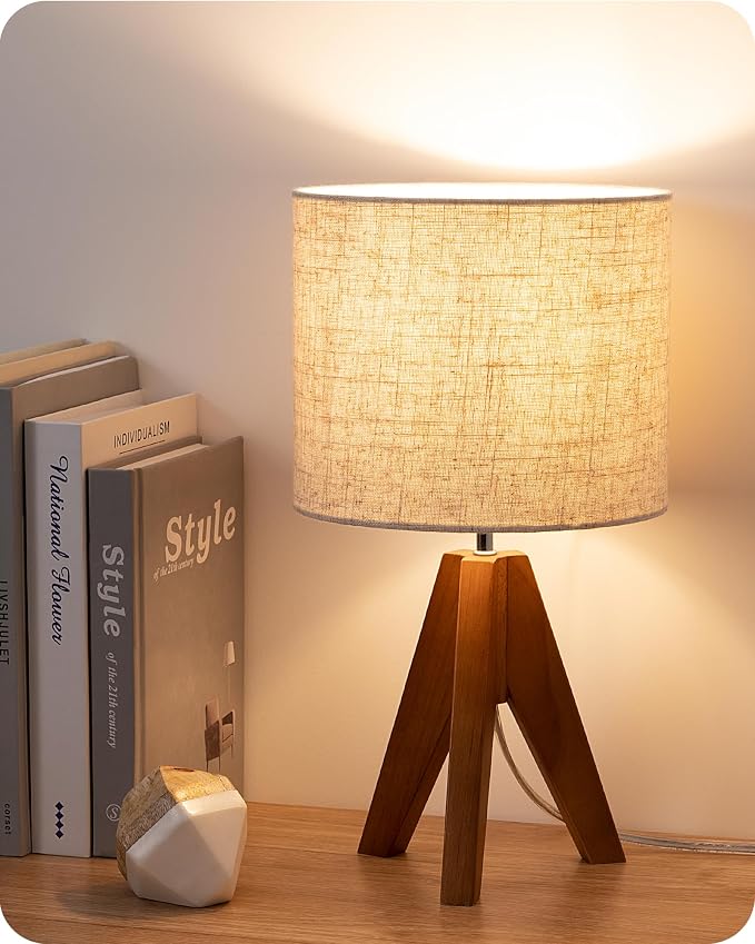 EDISHINE Tripod Table Lamp, Small Cute Bedside Lamp, 14.2 Inch, E26 Base | Light Brown Wooden Base, Linen Beige Lampshade, Nightstand Lamp for Nursery, Bedroom, Kid Room, Living Room