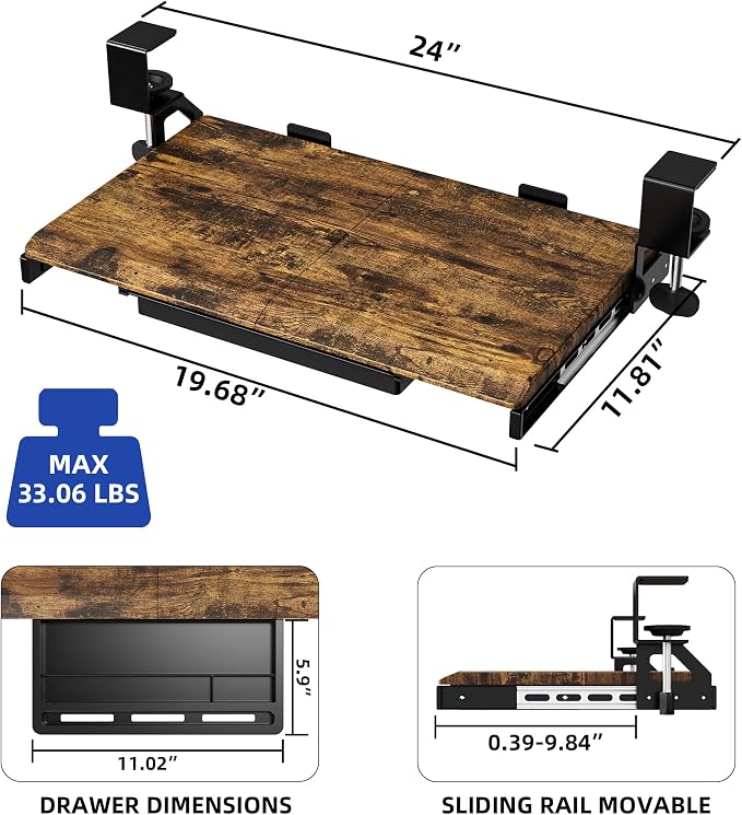 ETHU Keyboard Tray Under Desk, 19.7" X 12.2" Small Size C Clamp Keyboard Drawer Under Desk, Computer Keyboard Stand Slide Pull Out, Ergonomic Keyboard Tray for Home, Office (Wood)