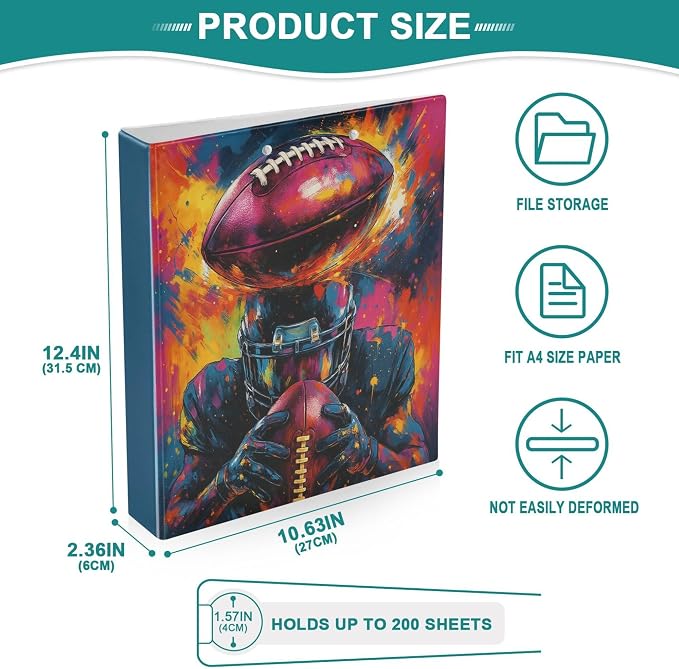 Football Round Ring Binders 1.5 Inch American Soccer Rugby Ball Outdoor Sport 3 Ring Clipboard Binder for Office School Work Supplies File Folder 200 Sheet Capacity Easy Open 2 Pieces