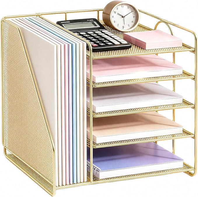 Desk Organizer, 5-Tier Paper Organizer Letter Tray, Gold | Desk Organizers and Accessories, Office Desk Accessories & Workspace Organizers, Desktop File Organizer for Office Supplies