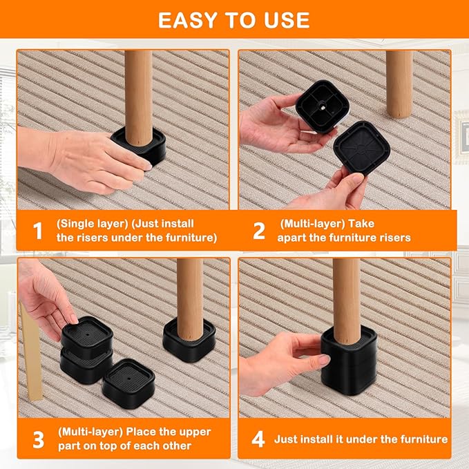 shouwuhho 24 Pack Furniture Risers Adjustable Bed Risers Heavy Duty Lifts Height 1", Square Stackable Bed Risers 1, 2 or 3 Inch for Desk Leg Table Couch Sofa Chair Bed Frame Legs Dorm, Black