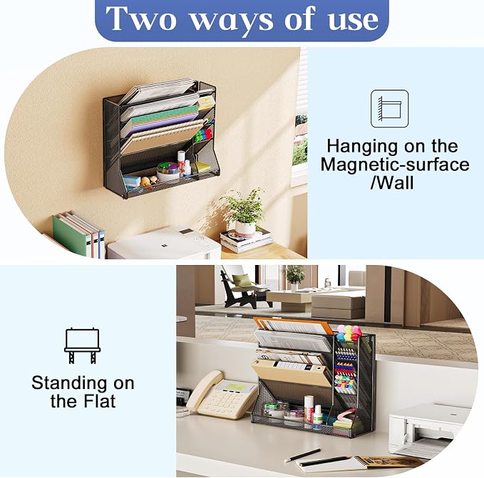 Jakyitvi 5-Tier Magnetic File Organizer R-Shaped Base Wall Hanging Black | Magnetic file holder for refrigerator, 5-tier wall mount file organizer, paper holder for file cabinet, cubicle organization